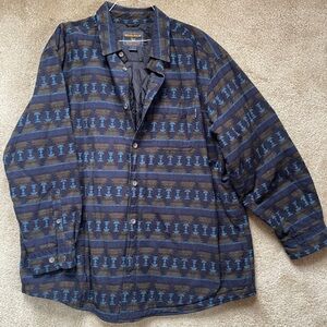 Vintage 90’s Woolrich Men's Blue and Brown Patterned Blanket Shirt Jacket